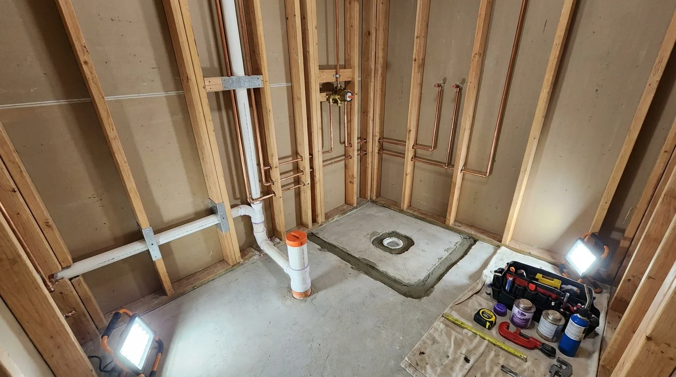 Bathroom rough-in plumbing during remodel by Johns Plumbing LLC in Hinckley