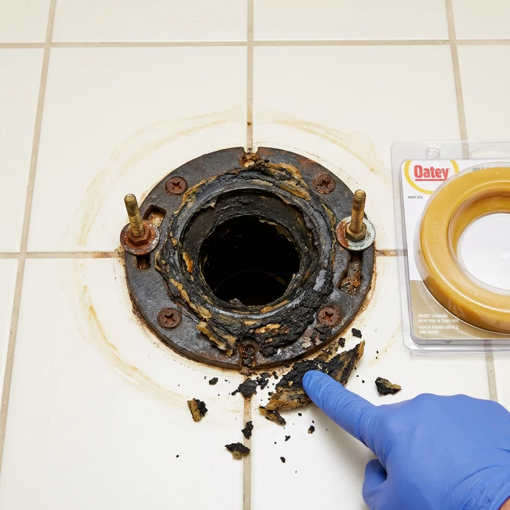 Failed wax ring showing water seepage at the base of a toilet in a Hinckley, IL home