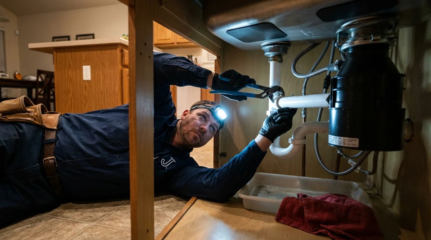 P-trap and supply line connections under a kitchen sink showing a common leak point in Hinckley, IL